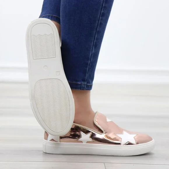 Rose Gold With White Stars Patent Sneakers Shoes - Picture 4 of 14